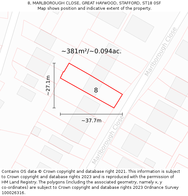 8, MARLBOROUGH CLOSE, GREAT HAYWOOD, STAFFORD, ST18 0SF: Plot and title map