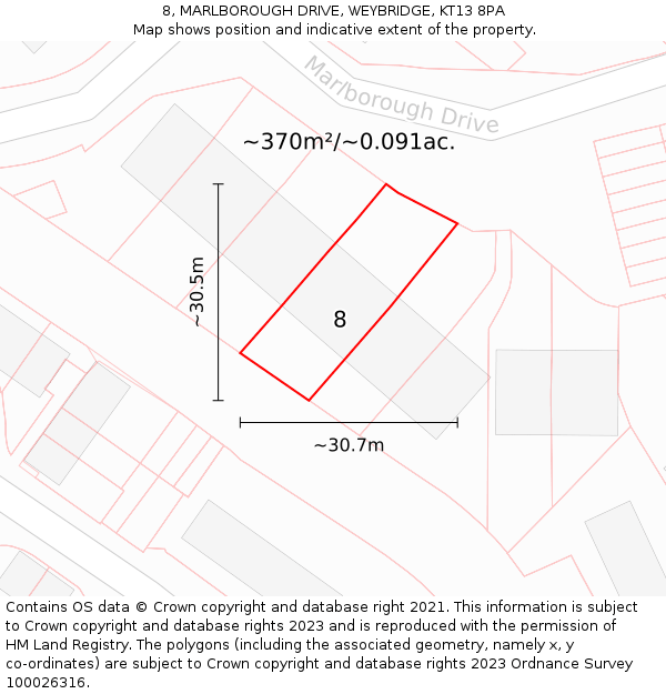 8, MARLBOROUGH DRIVE, WEYBRIDGE, KT13 8PA: Plot and title map