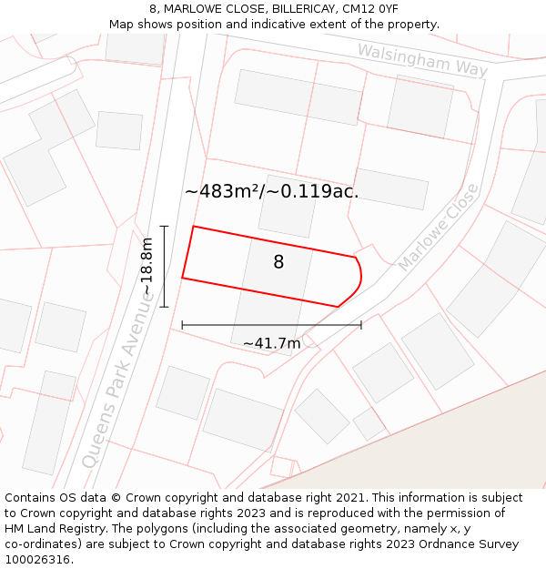 8, MARLOWE CLOSE, BILLERICAY, CM12 0YF: Plot and title map