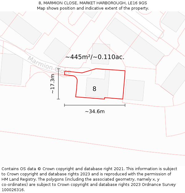 8, MARMION CLOSE, MARKET HARBOROUGH, LE16 9GS: Plot and title map