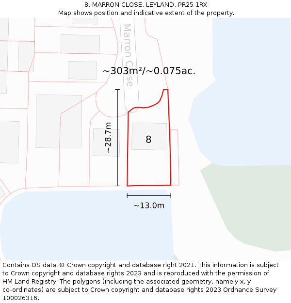 8, MARRON CLOSE, LEYLAND, PR25 1RX: Plot and title map