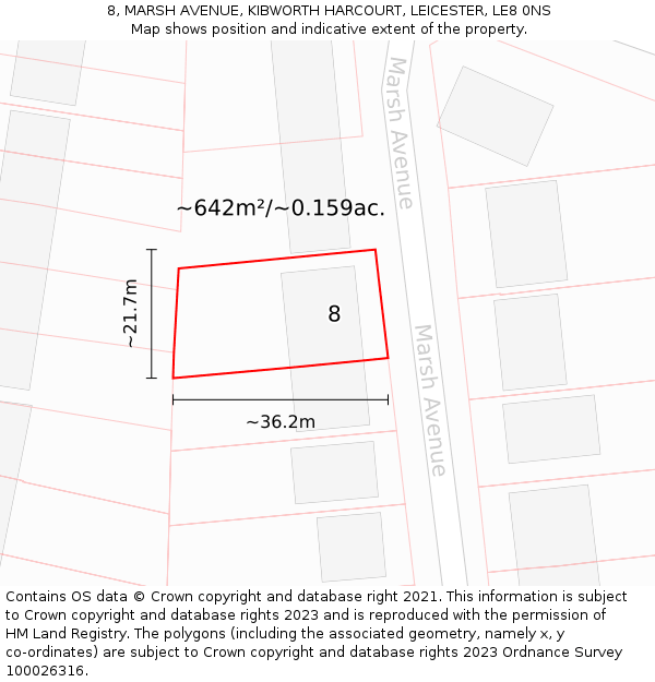 8, MARSH AVENUE, KIBWORTH HARCOURT, LEICESTER, LE8 0NS: Plot and title map