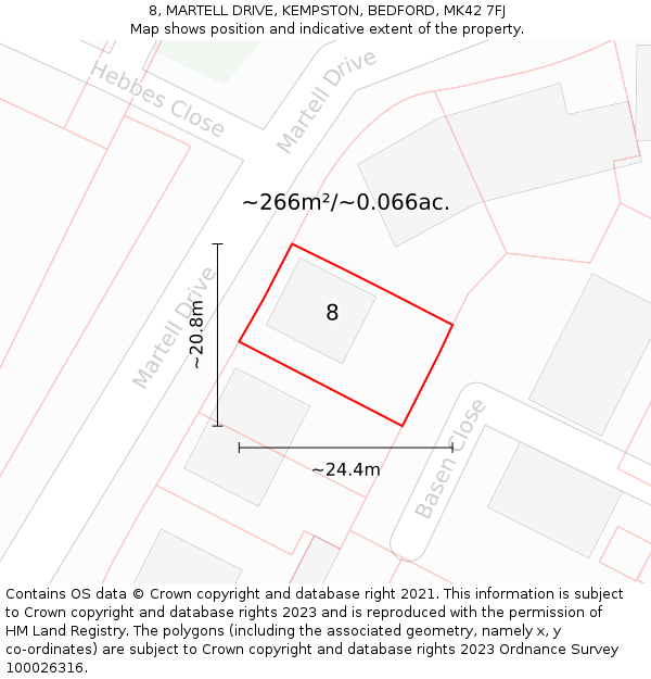 8, MARTELL DRIVE, KEMPSTON, BEDFORD, MK42 7FJ: Plot and title map