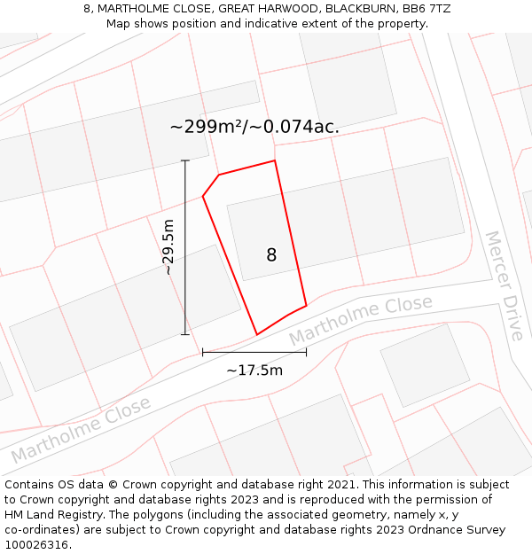 8, MARTHOLME CLOSE, GREAT HARWOOD, BLACKBURN, BB6 7TZ: Plot and title map