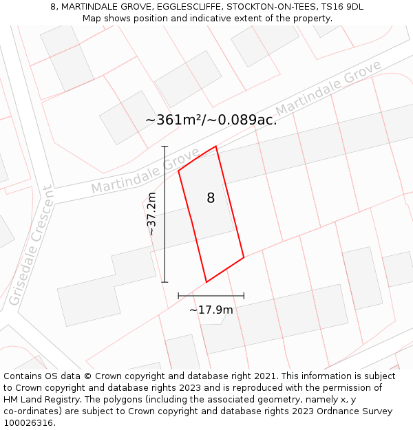 8, MARTINDALE GROVE, EGGLESCLIFFE, STOCKTON-ON-TEES, TS16 9DL: Plot and title map