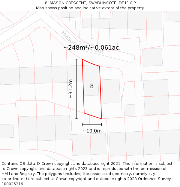 8, MASON CRESCENT, SWADLINCOTE, DE11 8JP: Plot and title map