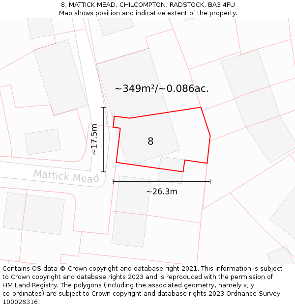 8, MATTICK MEAD, CHILCOMPTON, RADSTOCK, BA3 4FU: Plot and title map