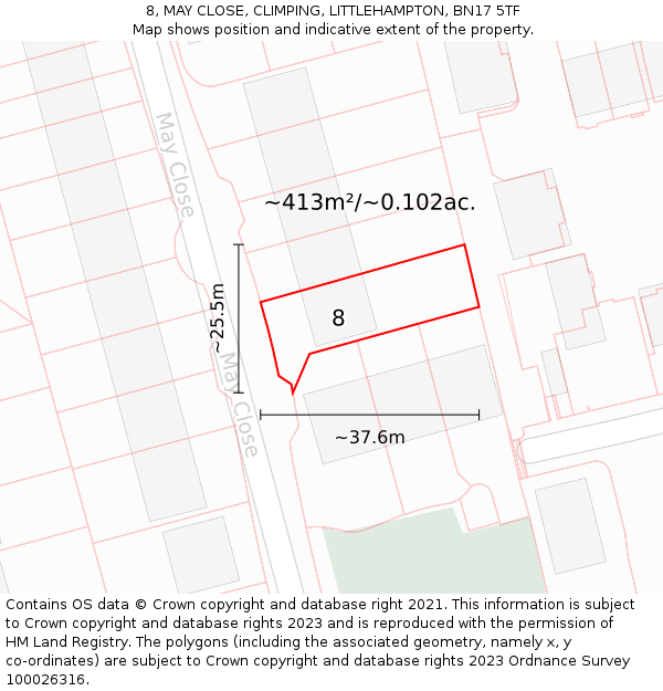 8, MAY CLOSE, CLIMPING, LITTLEHAMPTON, BN17 5TF: Plot and title map