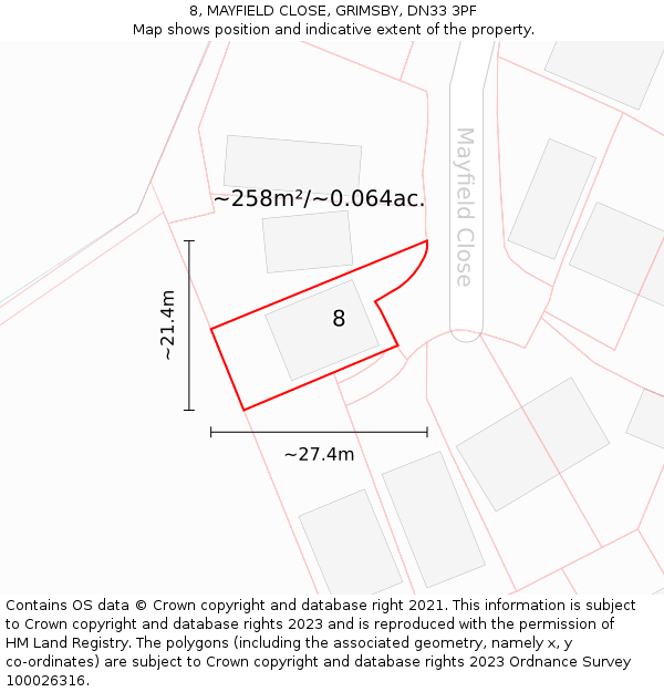 8, MAYFIELD CLOSE, GRIMSBY, DN33 3PF: Plot and title map