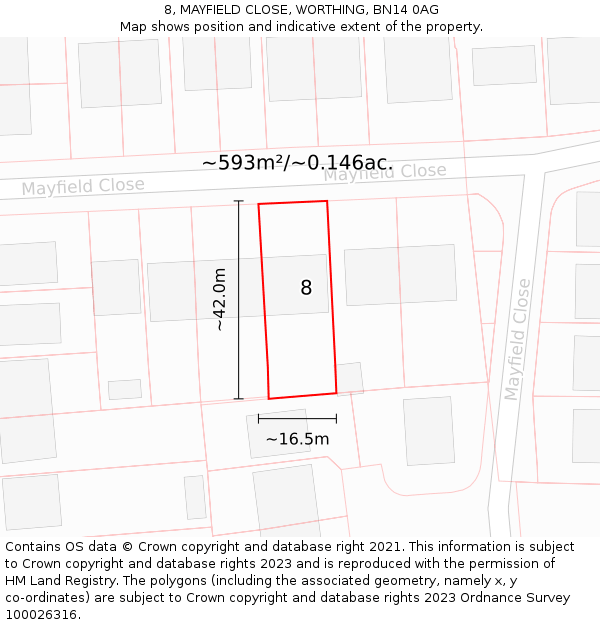8, MAYFIELD CLOSE, WORTHING, BN14 0AG: Plot and title map