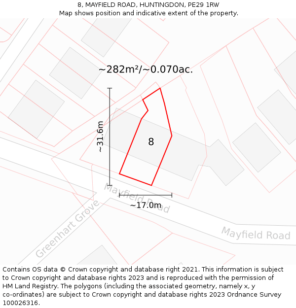 8, MAYFIELD ROAD, HUNTINGDON, PE29 1RW: Plot and title map