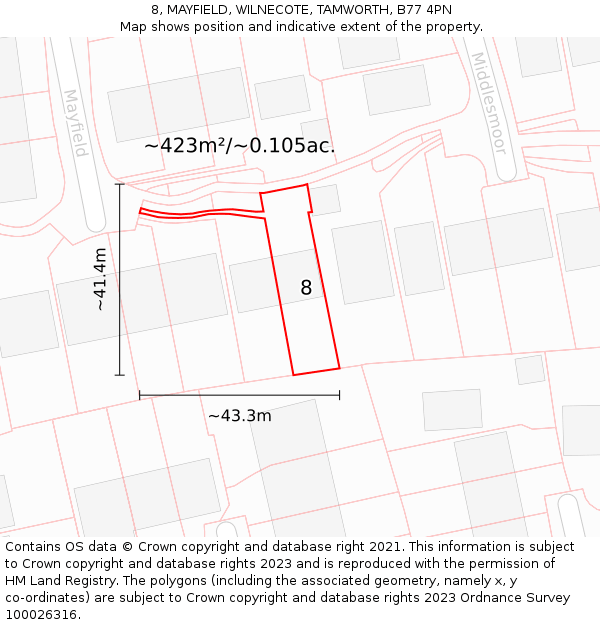 8, MAYFIELD, WILNECOTE, TAMWORTH, B77 4PN: Plot and title map