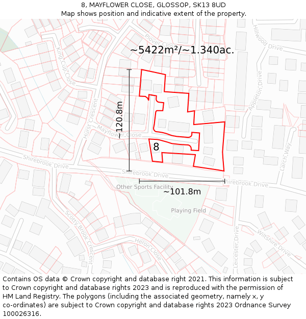 8, MAYFLOWER CLOSE, GLOSSOP, SK13 8UD: Plot and title map