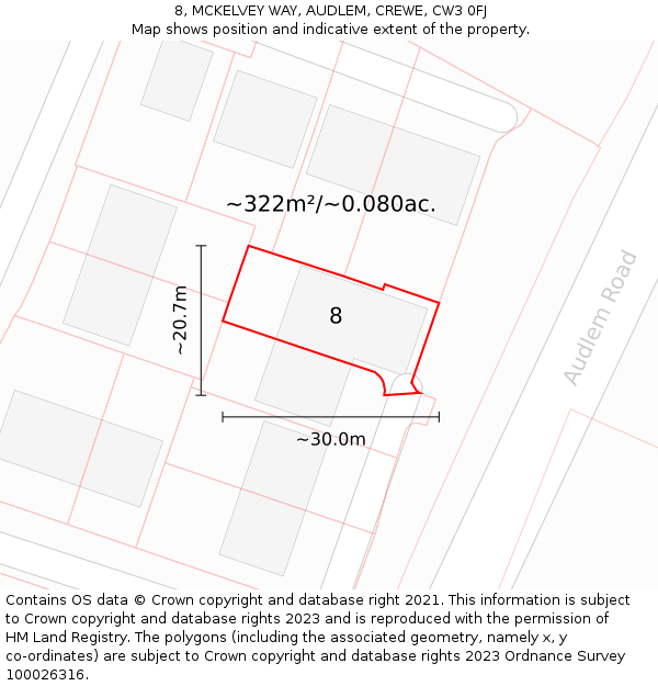 8, MCKELVEY WAY, AUDLEM, CREWE, CW3 0FJ: Plot and title map