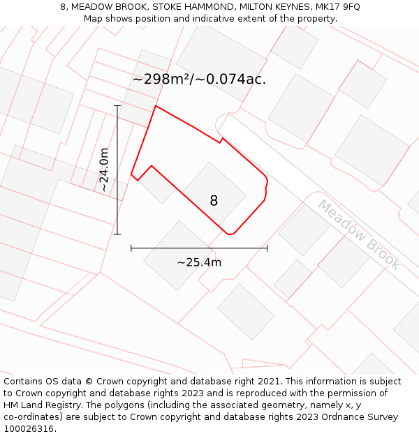 8, MEADOW BROOK, STOKE HAMMOND, MILTON KEYNES, MK17 9FQ: Plot and title map