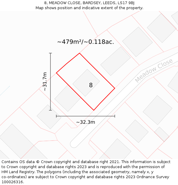 8, MEADOW CLOSE, BARDSEY, LEEDS, LS17 9BJ: Plot and title map