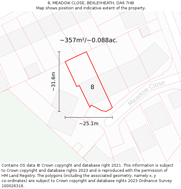 8, MEADOW CLOSE, BEXLEYHEATH, DA6 7HB: Plot and title map