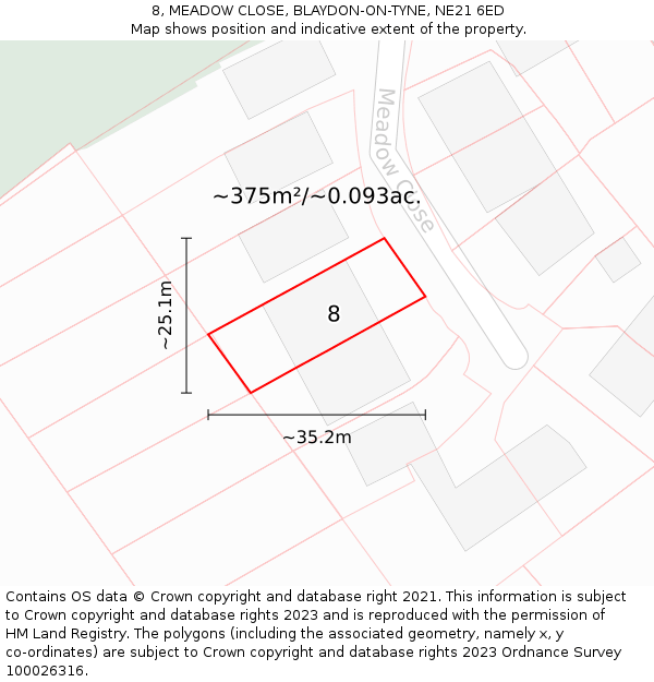 8, MEADOW CLOSE, BLAYDON-ON-TYNE, NE21 6ED: Plot and title map