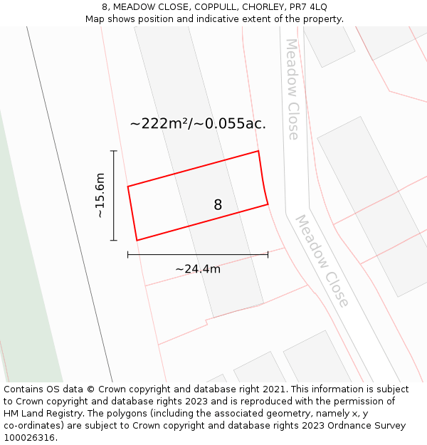 8, MEADOW CLOSE, COPPULL, CHORLEY, PR7 4LQ: Plot and title map