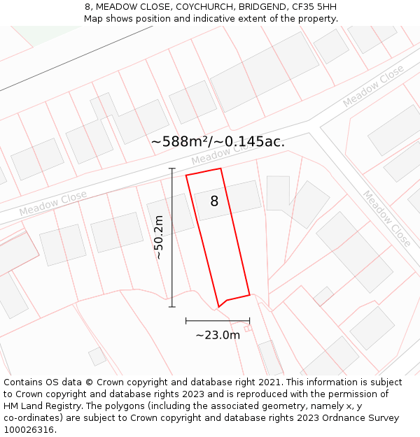 8, MEADOW CLOSE, COYCHURCH, BRIDGEND, CF35 5HH: Plot and title map