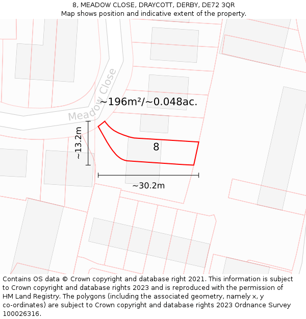 8, MEADOW CLOSE, DRAYCOTT, DERBY, DE72 3QR: Plot and title map