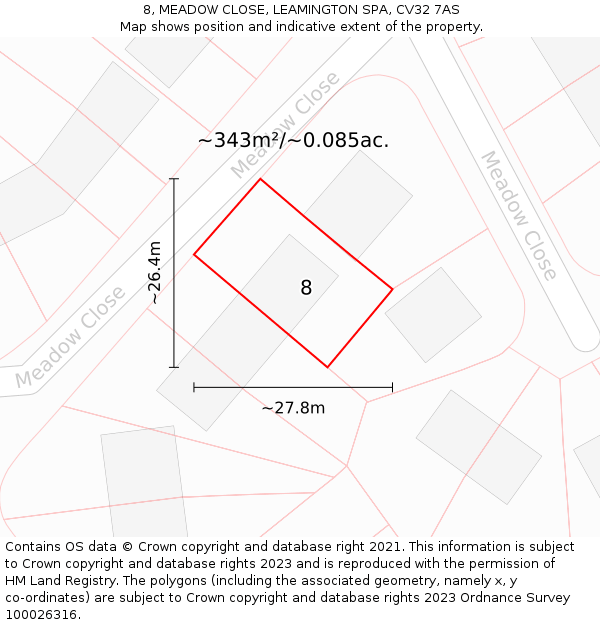 8, MEADOW CLOSE, LEAMINGTON SPA, CV32 7AS: Plot and title map
