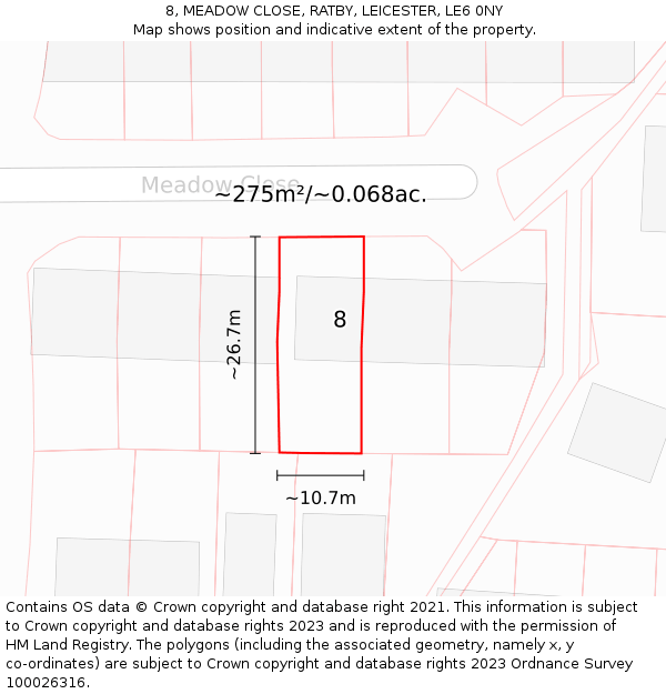 8, MEADOW CLOSE, RATBY, LEICESTER, LE6 0NY: Plot and title map