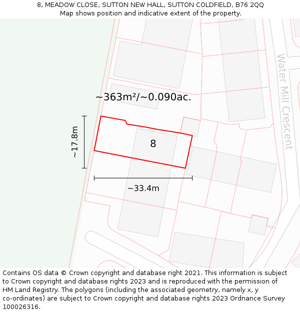 8, MEADOW CLOSE, SUTTON NEW HALL, SUTTON COLDFIELD, B76 2QQ: Plot and title map