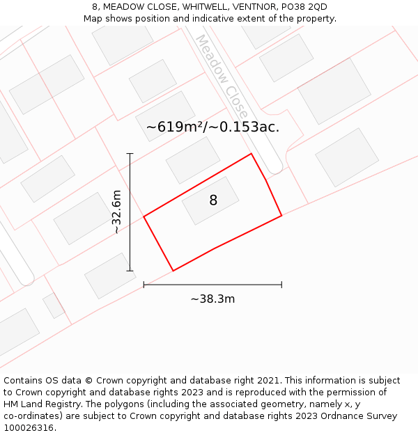 8, MEADOW CLOSE, WHITWELL, VENTNOR, PO38 2QD: Plot and title map