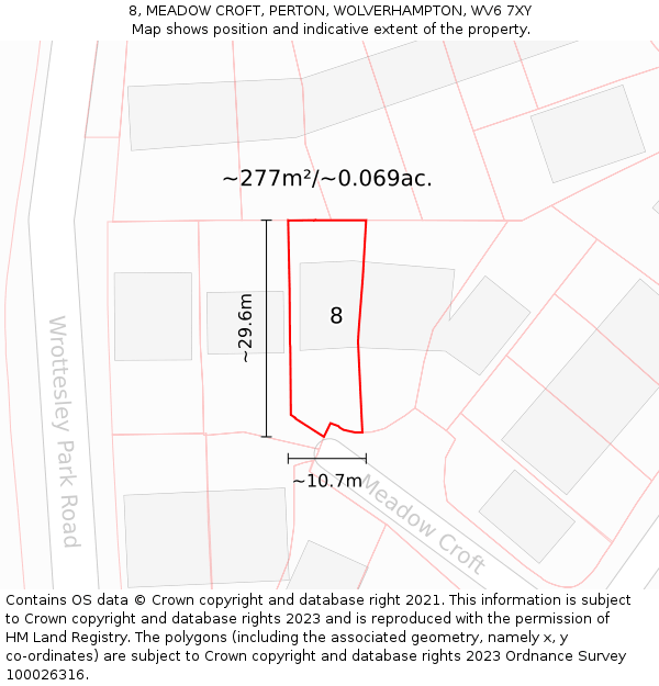 8, MEADOW CROFT, PERTON, WOLVERHAMPTON, WV6 7XY: Plot and title map
