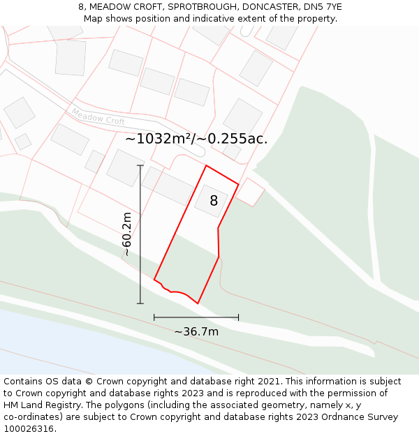 8, MEADOW CROFT, SPROTBROUGH, DONCASTER, DN5 7YE: Plot and title map