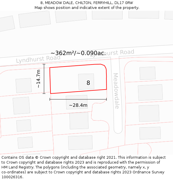 8, MEADOW DALE, CHILTON, FERRYHILL, DL17 0RW: Plot and title map