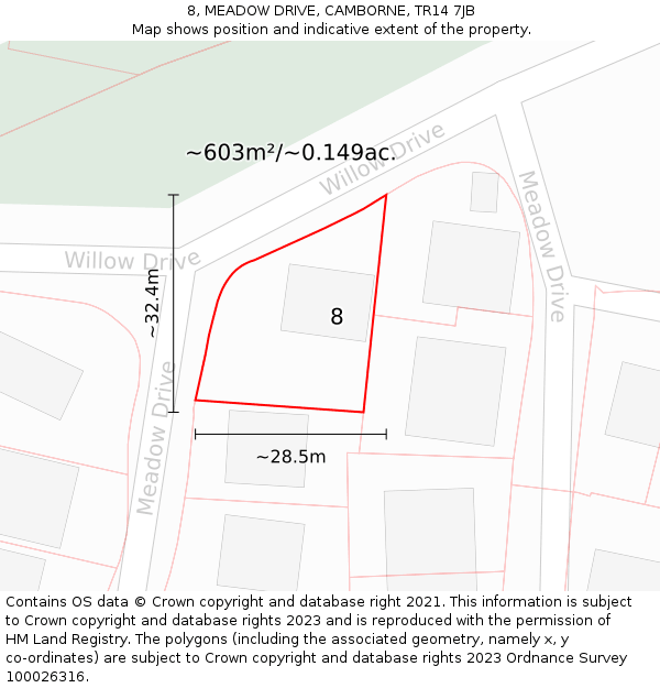 8, MEADOW DRIVE, CAMBORNE, TR14 7JB: Plot and title map