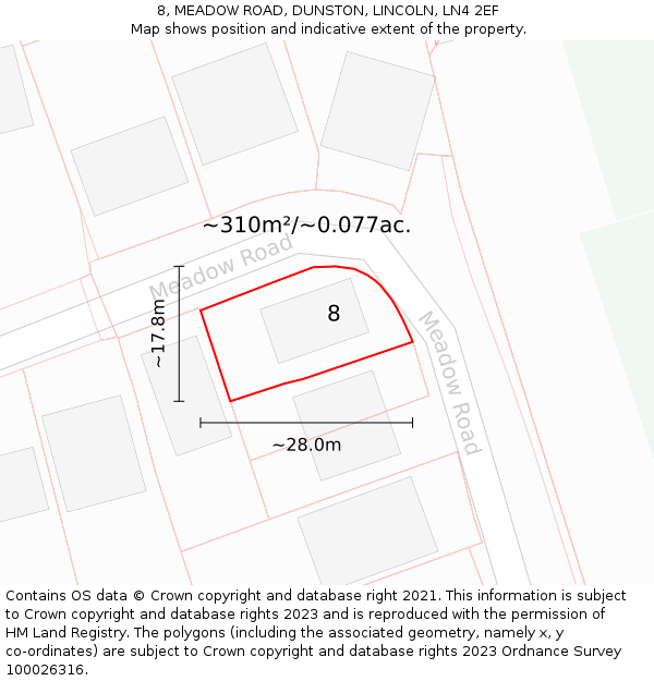 8, MEADOW ROAD, DUNSTON, LINCOLN, LN4 2EF: Plot and title map