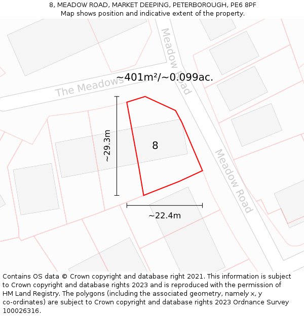 8, MEADOW ROAD, MARKET DEEPING, PETERBOROUGH, PE6 8PF: Plot and title map