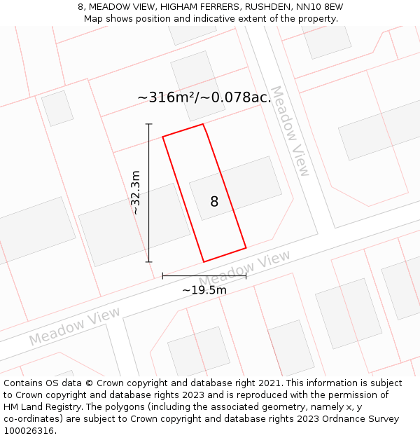 8, MEADOW VIEW, HIGHAM FERRERS, RUSHDEN, NN10 8EW: Plot and title map