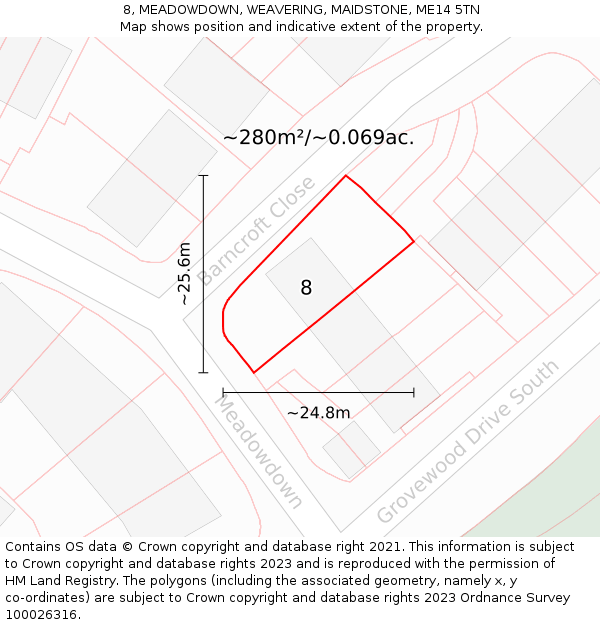 8, MEADOWDOWN, WEAVERING, MAIDSTONE, ME14 5TN: Plot and title map