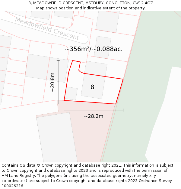 8, MEADOWFIELD CRESCENT, ASTBURY, CONGLETON, CW12 4GZ: Plot and title map