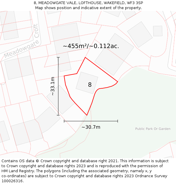 8, MEADOWGATE VALE, LOFTHOUSE, WAKEFIELD, WF3 3SP: Plot and title map