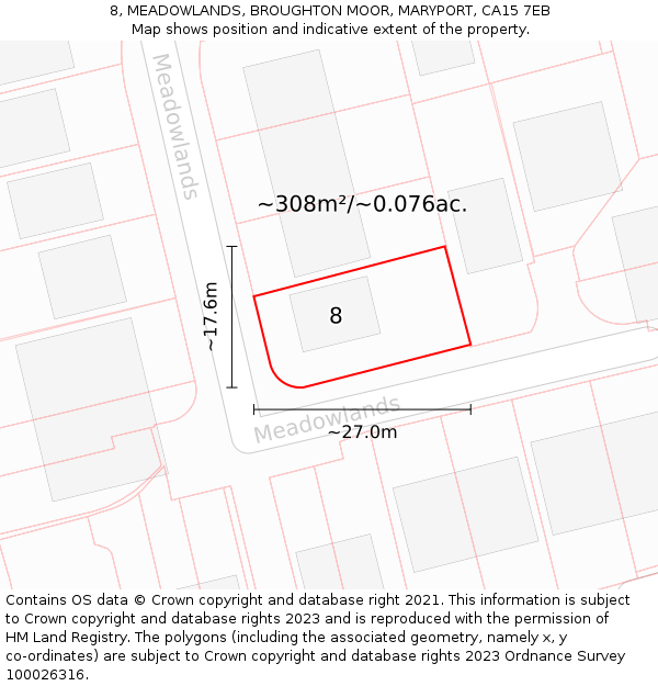 8, MEADOWLANDS, BROUGHTON MOOR, MARYPORT, CA15 7EB: Plot and title map