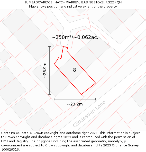 8, MEADOWRIDGE, HATCH WARREN, BASINGSTOKE, RG22 4QH: Plot and title map