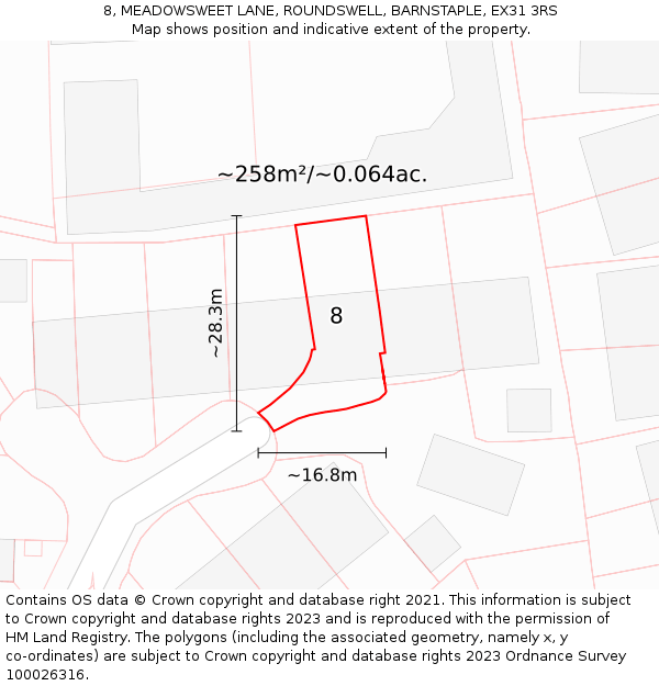 8, MEADOWSWEET LANE, ROUNDSWELL, BARNSTAPLE, EX31 3RS: Plot and title map