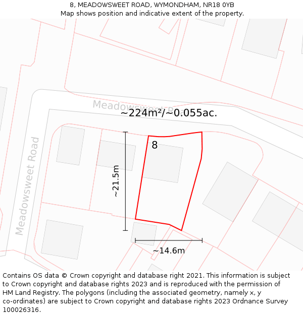 8, MEADOWSWEET ROAD, WYMONDHAM, NR18 0YB: Plot and title map