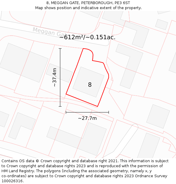 8, MEGGAN GATE, PETERBOROUGH, PE3 6ST: Plot and title map