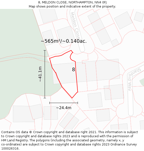 8, MELDON CLOSE, NORTHAMPTON, NN4 0FJ: Plot and title map