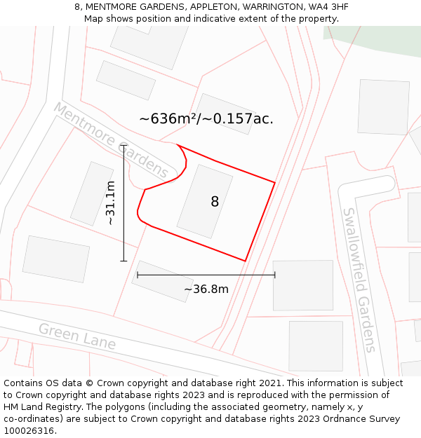 8, MENTMORE GARDENS, APPLETON, WARRINGTON, WA4 3HF: Plot and title map