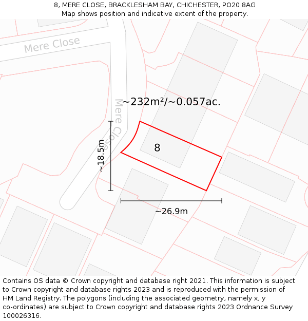 8, MERE CLOSE, BRACKLESHAM BAY, CHICHESTER, PO20 8AG: Plot and title map