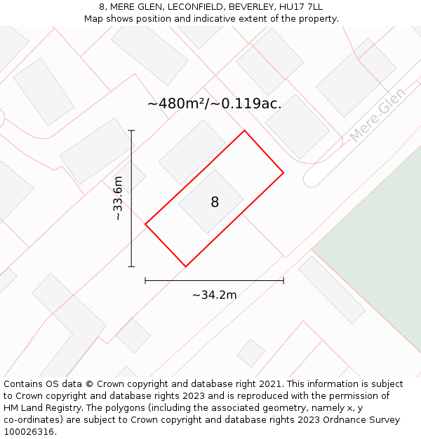 8, MERE GLEN, LECONFIELD, BEVERLEY, HU17 7LL: Plot and title map