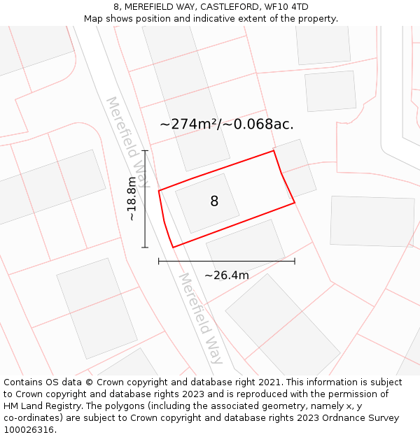 8, MEREFIELD WAY, CASTLEFORD, WF10 4TD: Plot and title map