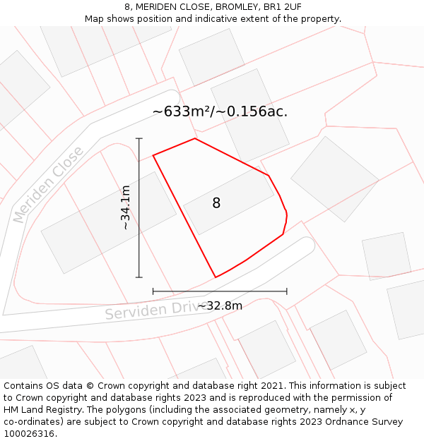 8, MERIDEN CLOSE, BROMLEY, BR1 2UF: Plot and title map
